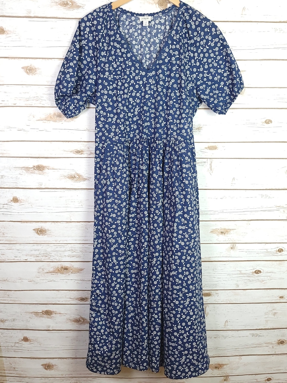 J. Crew Tiered Midi Dress Size 12 Blue Floral Cotton Poplin Ruffle Sleeve